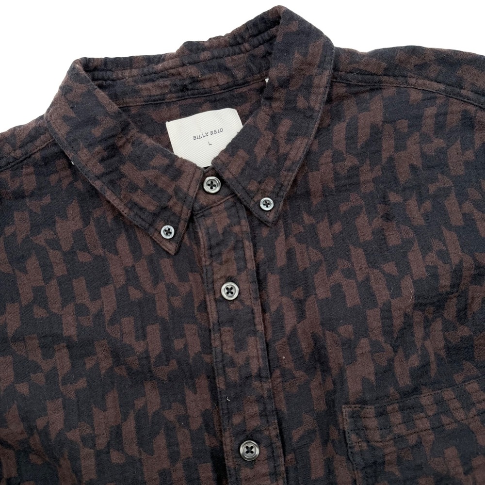 Billy Reid Button Down Shirt Mens Large Brown Black‎ Abstract Gauze Long Sleeve